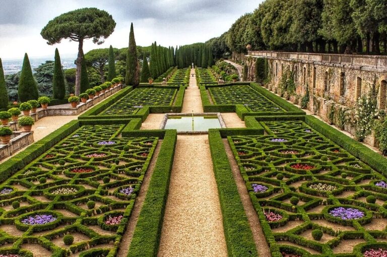 Gardens of the Papal Palace of Castel Gandolfo in Italy showing elaborately designed box hedging