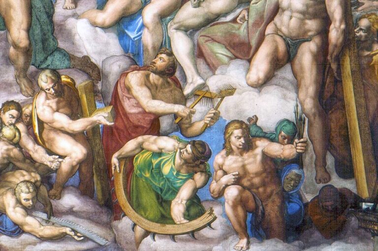 detail of saint blaise and cathering from the last judgement in the sistine chapel
