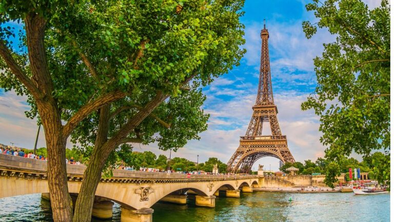 eiffel tower seen from the right bank of the seine in paris
